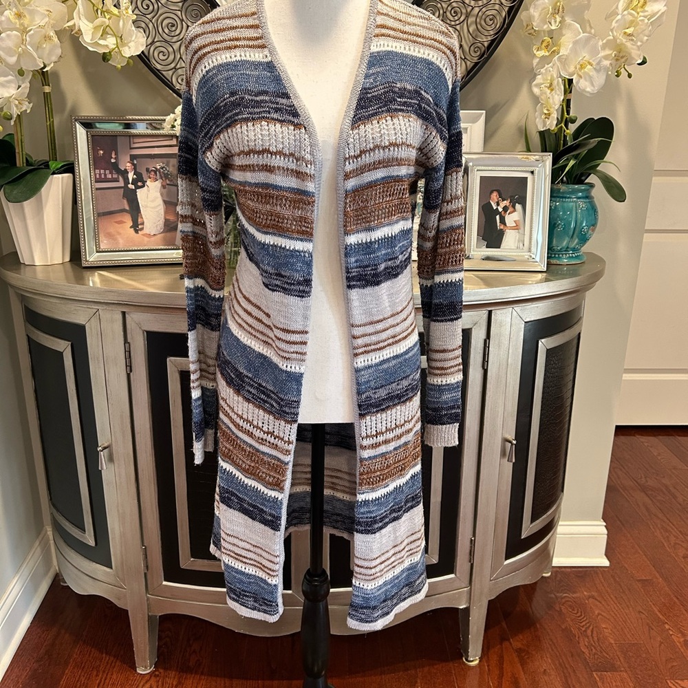 Fred Sibel Striped Open-Front Cardigan in Blue, Brown & Cream